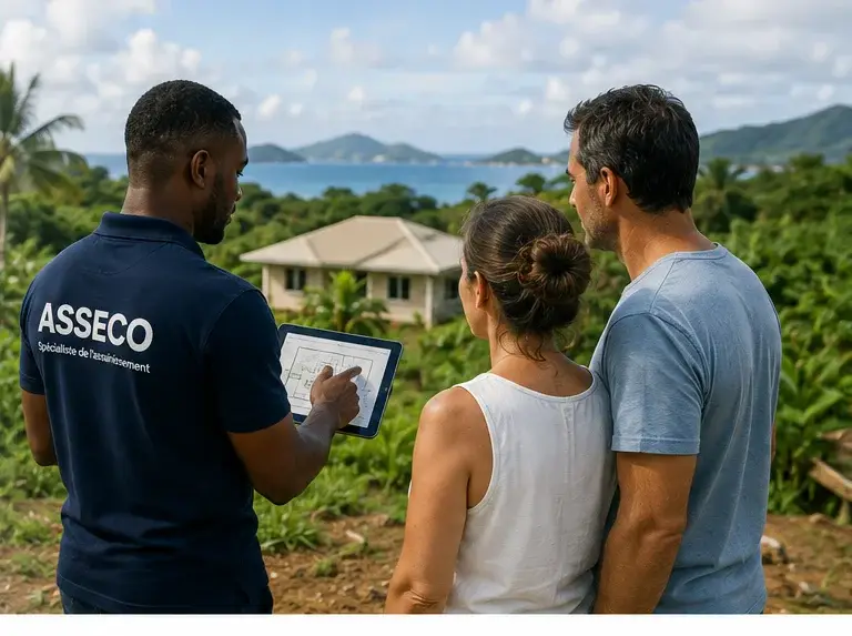 Un conseiller en polo ASSECO présente une solution sur sa tablette à un couple, devant une maison avec vue sur la mer